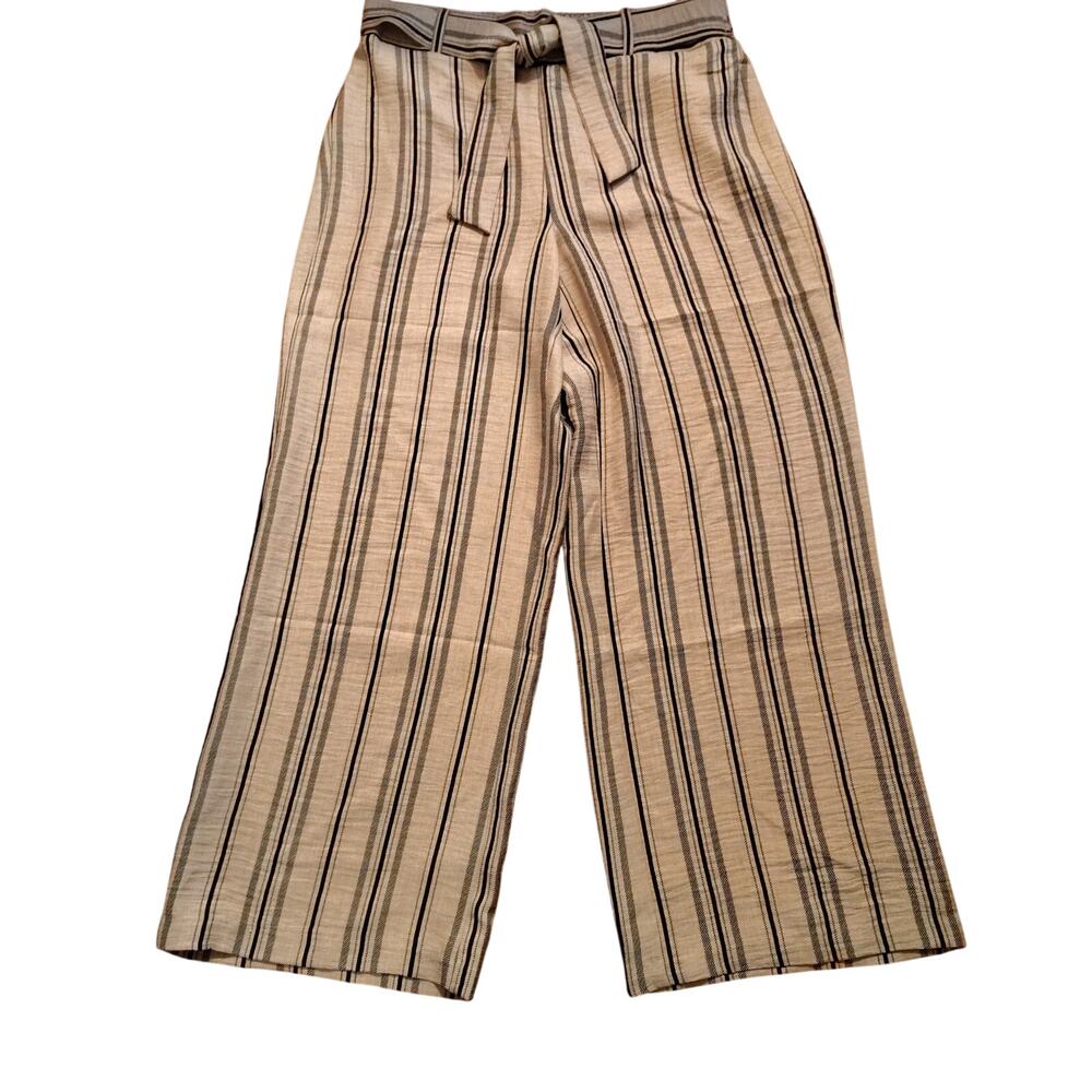 NYCO New York Clothing Wide Leg Pants Tan Black Stripes Smocked Waist Sz Small